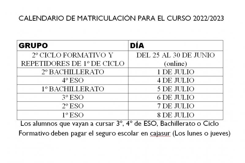 Calendario de Matriculacin - Calendario de Matriculacin. 